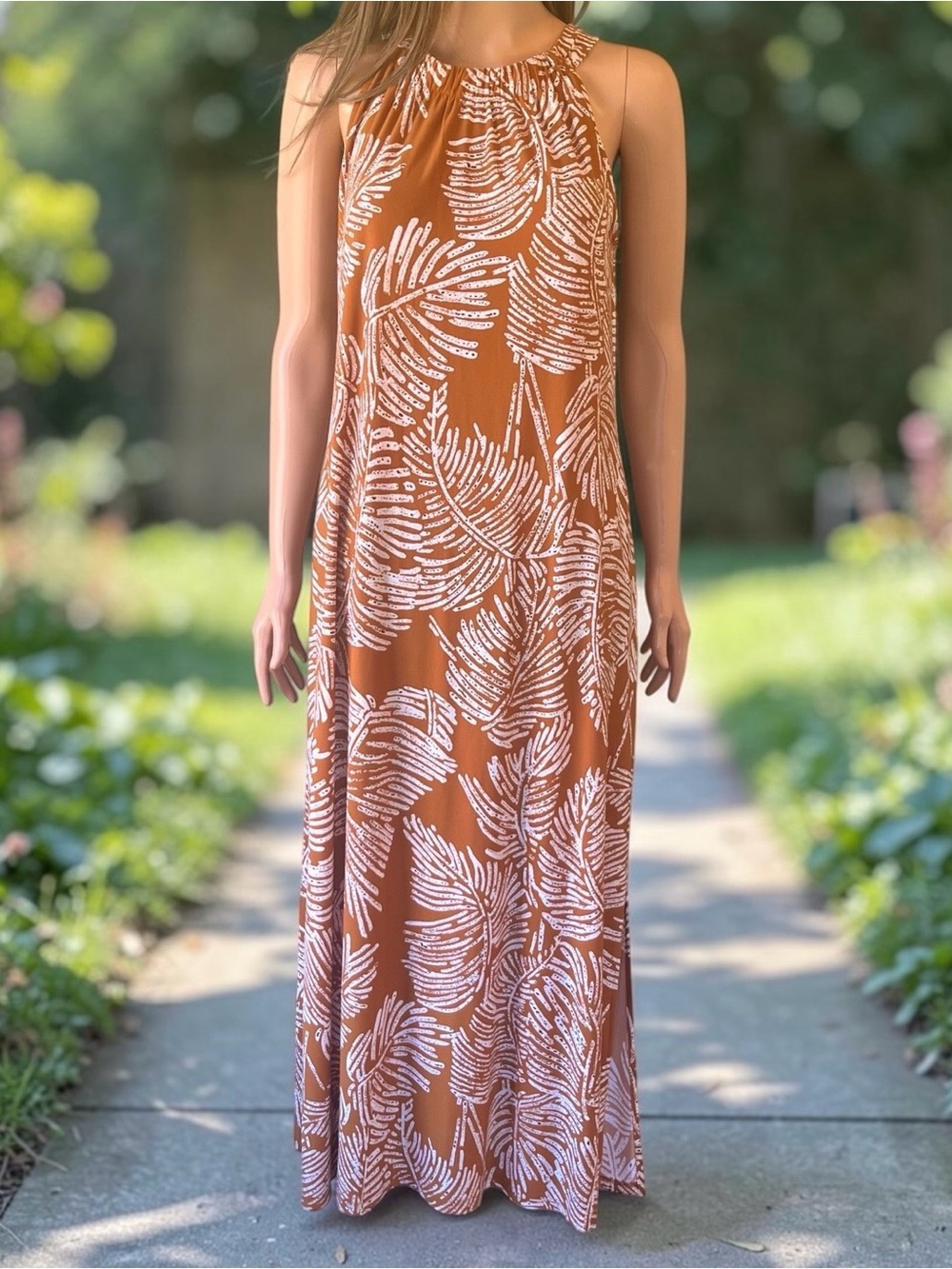 Anne Klein Rust & White Tropical Palm Print Maxi Dress Size 8